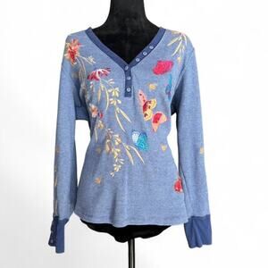 Y2K Johnny Was Embroidered Thermal Top – Boho Butterfly Henley L-XXL